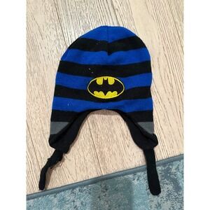 Batman Kids Earflap Beanie Hat Blue Black Striped Knit Superhero Winter Cap